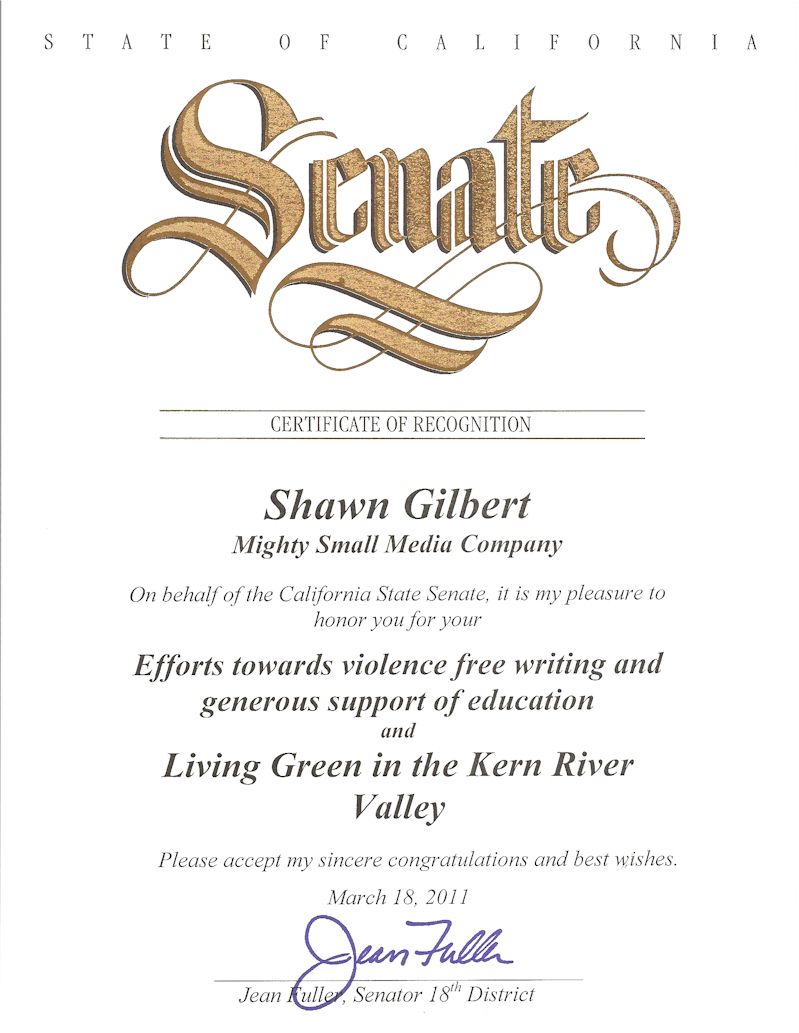 Certificate issued by California State Senator Jean Fuller.